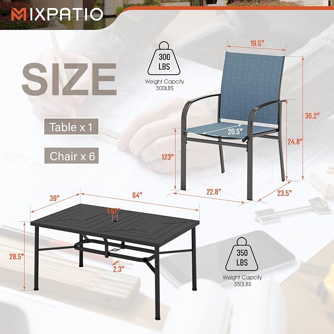 MIXPATIO 7 Pieces Patio Table and Chairs Set, Patio Dining Set for 6, 6 Textilene Chairs and 1 Metal Rectangle Dining Table with Umbrella Hole, for Deck Backyard Lawn Poolside, Blue