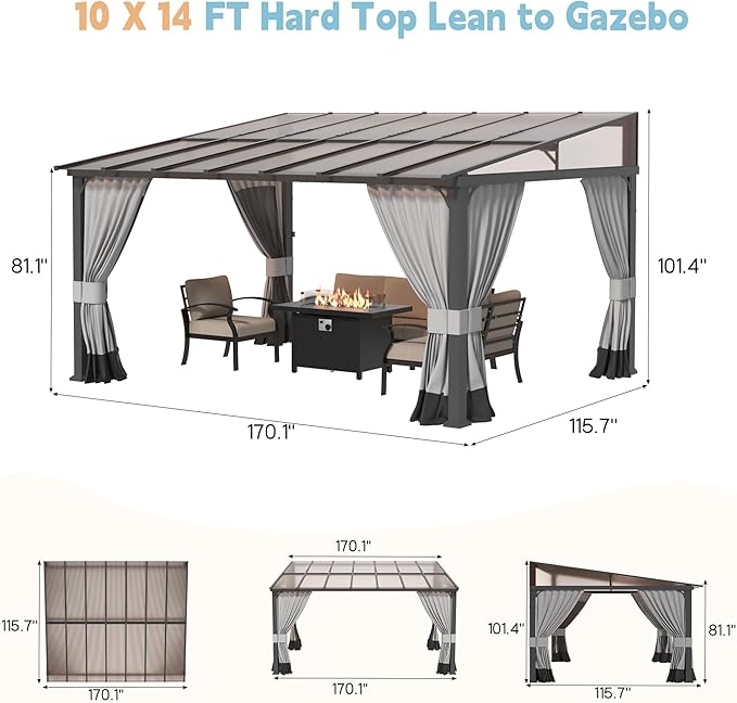 10' x 14' Lean to Gazebo,Large Wall Mount Heavy Duty Gazebos Pavilion,Outdoor Hardtop Pergola Shelter with Curtains and Netting,Sunshade for Patio Garden Lawn Backyard Deck,Grey