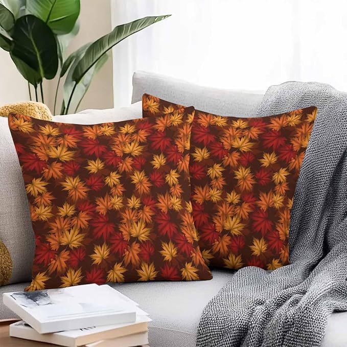 Brown Thanksgiving Outdoor Waterproof Pillow Covers, Fall Maple Leaves Farmhouse Vintage Decorative Square Throw Pillowcase Sofa Cushion Sham for Patio/Couch/Chair, 20"x20" 2 Pack