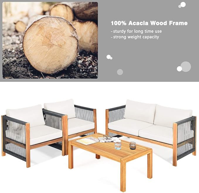 Tangkula Outdoor Wood Furniture Set with 2 Set Cushion Covers, 4 Pieces Cushioned Patio Conversation Set, for Garden Balcony Poolside Outdoor Living (1, WH-TU)