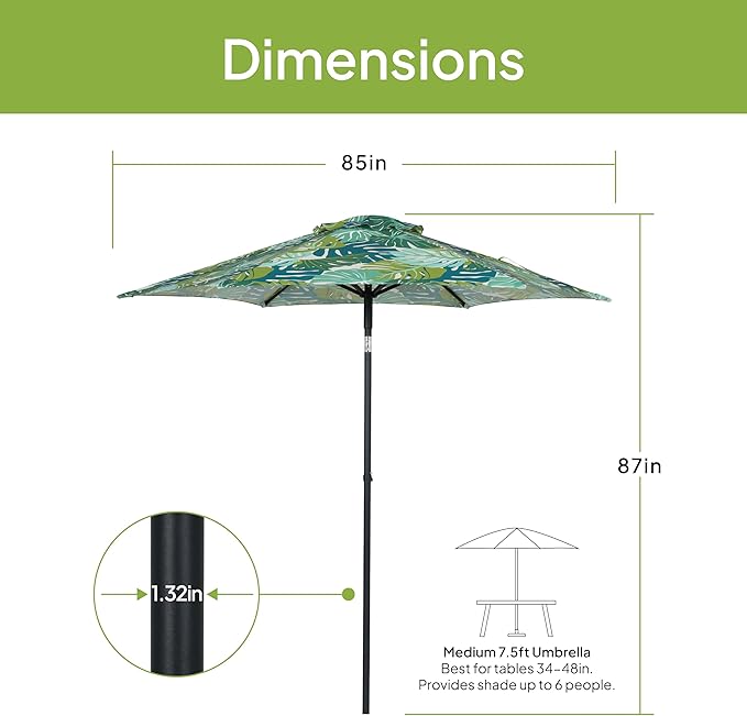 7.5 Foot Round Patio Umbrella with Palm Leaf Pattern, Push-Up Opening Mechanism and 3-Position Angle Tilt, Outdoor Market Umbrella for Garden Deck or Café, Lightweight Portable Sun Shade
