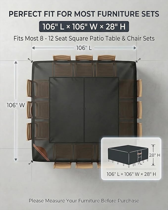 Outdoor Patio Furniture Cover Square, Heavy Duty 600D Waterproof Cover for Table & Chair Set or Sofa Set Covers, Windproof,UV Resistant, All-Season for Backyard,Deck,Garden,106"L x 106"W x 28"H,Black
