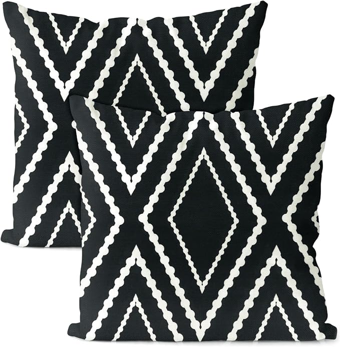 M METERXITY 2-Pack Outdoor Waterproof Throw Pillow Cover, 20x20 Inch Linen Boho Geometric Decorative Cushion Cover for Patio/Balcony, Water Resistant Pillow Case [Black with White Stripe]