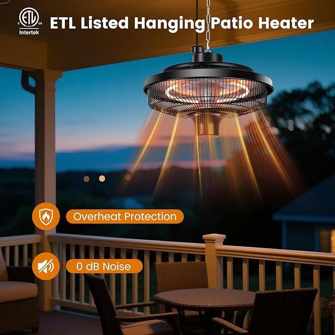 Fanspex Hanging Patio Heater, 1500W Electric Infrared Heaters for Home, Gazebo, Garage, Greenhouse, Ceiling Mount with Overheat Protection, IPX4 Water Resistance, Adjustable Height (Black)