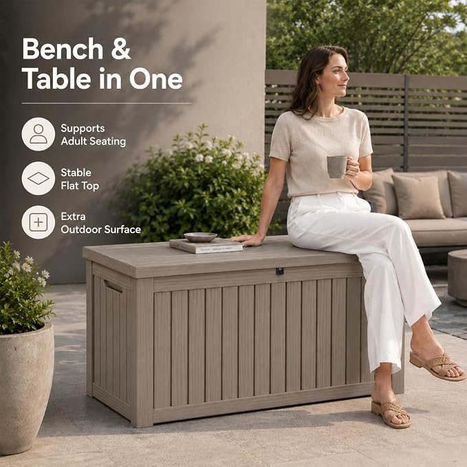 155 Gallon Outdoor Deck Storage Box, Large Waterproof Resin Patio Storage Box, Lockable Bench Seat Holds 2 Adults, for Garden Tools, Cushions & Pool Floats, UV & Rust Resistant, Gray Brown