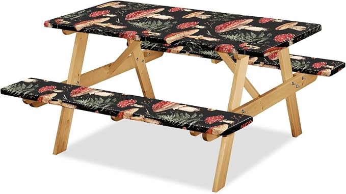 Mushroom Picnic Table Cover with Bench Covers Foldable Outdoor Camping Tablecloth Dustproof Elastic Waterproof Picnic Table Cover 3 Piece Set Suitable for BBQ Picnic Party Camping