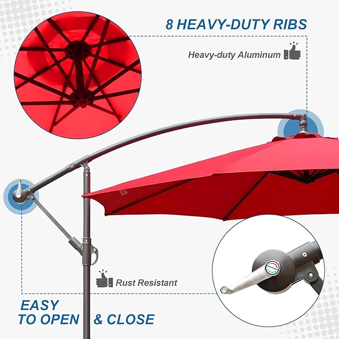 BPS 10ft Patio Umbrella with Base Included, Outdoor Offset Cantilever Umbrella with Easy Tilt Adjustment, UV-Blocking Polyester Shade, 8 Ribs for Backyard, Poolside, Lawn and Garden