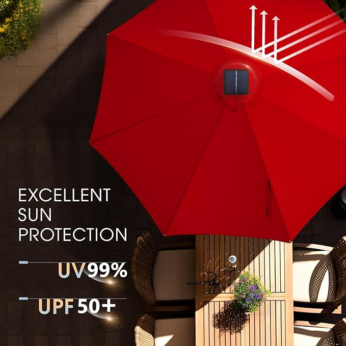 wikiwiki 9FT Solar Led Patio Umbrella with Base Included, 32 LED Lights, 8 Sturdy Ribs, Fade Resistant Waterproof POLYESTER DTY Canopy for Garden, Lawn, Deck, Backyard & Pool, Red