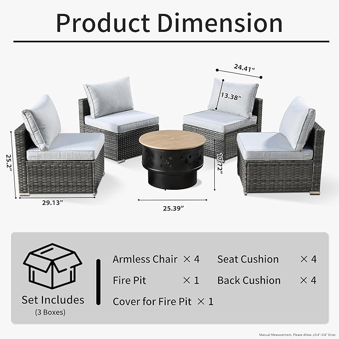 HOOOWOOO 5-Piece Outdoor Wicker Patio Furniture Set, All-Weather Rattan Chairs with Cushions and Fire Pit Table, Modern Garden Conversation Set for Patio, Porch, and Balcony (Grey)