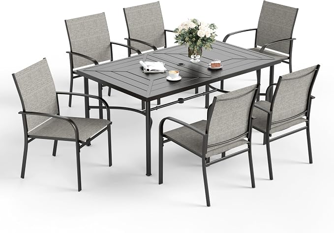 SUNSHINE VALLEY Patio Dining Set for 6, 64" Rectangular Metal Dining Table with Umbrella Hole and 6 Chairs, Outdoor Table and Chairs Set for Lawn Garden Backyard and Deck, Brown