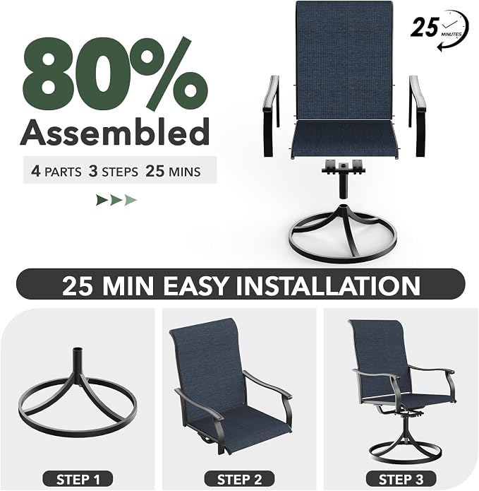 Patio 41" Round Table and Navy Blue Swivel Chairs Outdoor Dining Set 5 Sty1 | 41 inch Metal Round Table; 4 Piece Swivel Chairs: High Back, Curved Armrest, Textilene Fabric, Rocking; All Weather