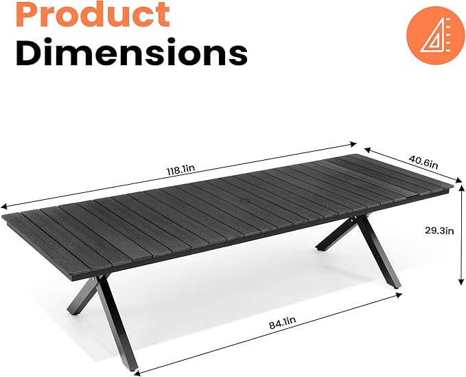Pellebant 118" Outdoor Dining Table for 8-12, 10ft Aluminum Patio Table with Umbrella Hole, Weather Resistant Black Wood Grain Tabletop and Sturdy Frame for Deck, Porch, Backyard