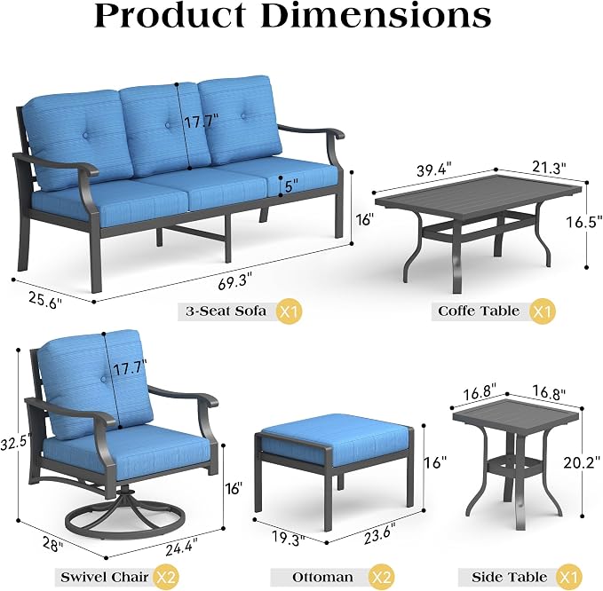 7 Piece Aluminum Patio Conversation Set, Outdoor Metal Furniture Set w/Rocking Swivel Chairs, 3-Seat Sofa, Ottomans and Coffee Side Table, 5" Thickened Cushions for Porch Yard, Poolside, Blue