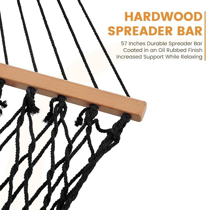 Lazy Daze Hammocks 12FT Double Rope Hammocks, 2 Person Hand Woven Cotton Hammock with Spreader Bar, Carabiner, Tree Strap, Chain for Outside, FIT 13-15 FT Stand, Max 450 Lbs, Black