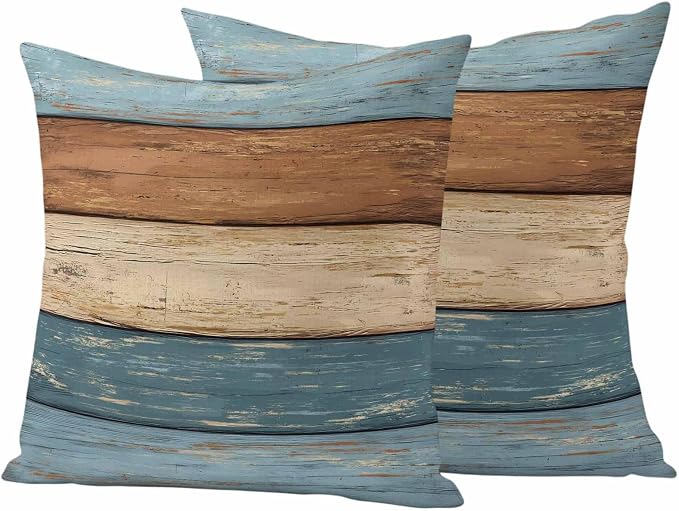 Farmhouse Blue Brown Outdoor Waterproof Pillow Covers, Vintage Wooden Striped Decorative Square Throw Pillowcase Sofa Cushion Sham for Patio/Couch/Chair, 16"x16" 2 Pack