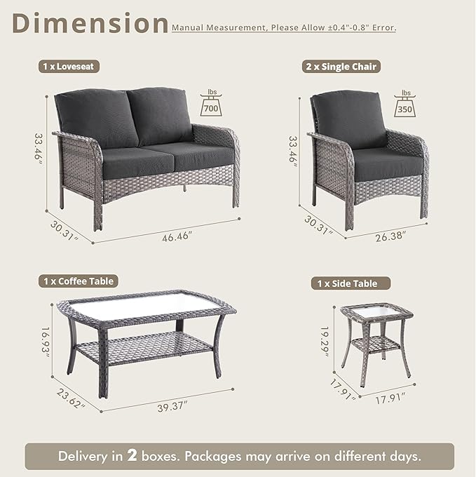 Weaxty Wicker Patio Furniture Set High Back Loveseat Sofa Couch Armchair Coffee Table, All Weather Rattan 4 Pieces Outdoor Conversation Sets for Patio Porch Deck Backyard Poolside, Black