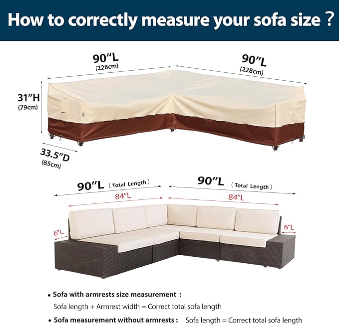 Outdoor Sectional Cover, 90-inch V-Shaped Patio Furniture Sofa Covers Waterproof Rip-Stop Anti-UV 600D Heavy Duty Outdoor Couch Cover with 3 Air Vents, 90''L 90"L 33.5''D 31''H