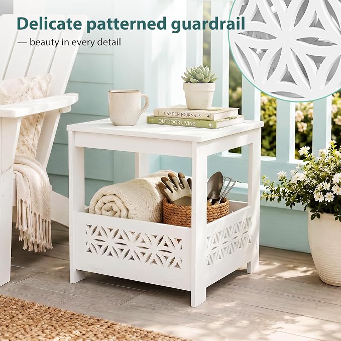 VINGLI Outdoor Side Table with Storage, 15.6" Square Resin Patio End Table, Weatherproof Rustproof Balcony Backyard Poolside Small Table (White)