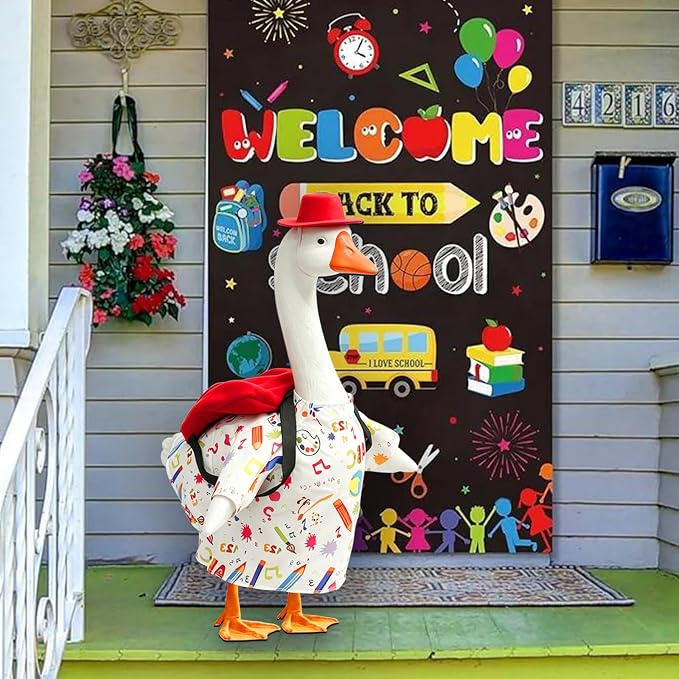 Porch Goose Outfits Back to School: Funny Hat Pencil Red Backpack Lawn Goose Clothes Fits 23 Inch Cement Plastic Statue for School Classroom Outdoor Garden