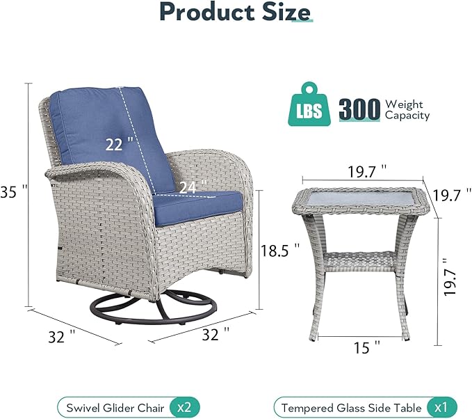 Outdoor Swivel Glider Rocker Chairs - 3 Piece Wicker Patio Furniture Set, All Weather Patio Bistro Set with Glass Side Table for Balcony Porch Deck Backyard - Light Beige Wicker Blue Cushion