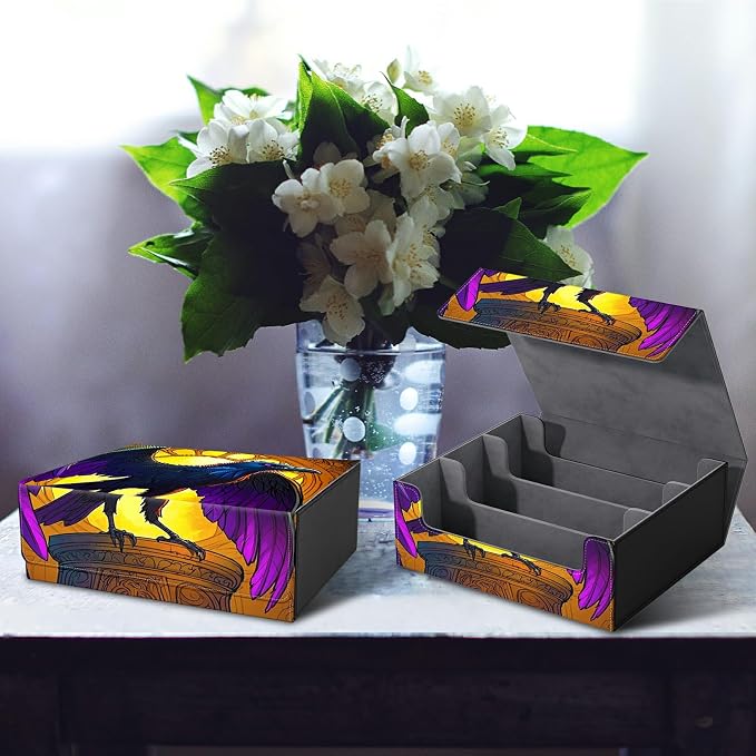 Card Deck Box for MTG, Cards Storage Box Fits 120+ Sleeved, Leather Big Size Strong Magnetic Closing Case for Board Games Magic TCG CCG Baseball Collection Women, Eagle With Purple Wings