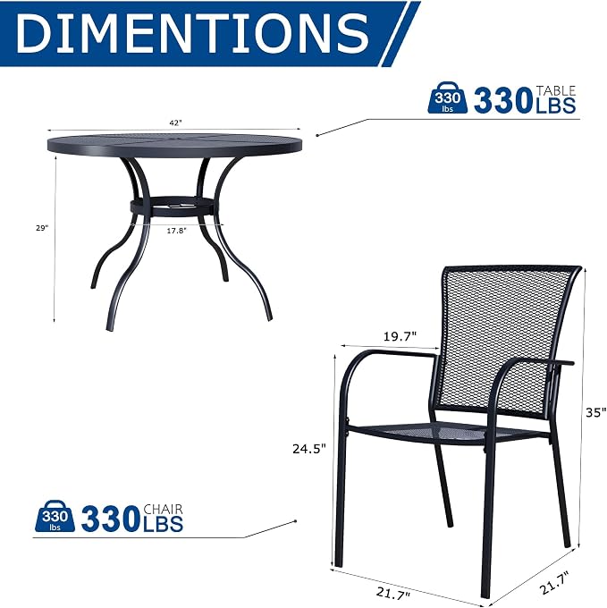7 Pieces Outdoor Dining Set for 6, Black Metal Mesh Outdoor Dining Table and 6 Black Metal Mesh Stackable Patio Chairs with Armrest, Patio Table and Chairs Set for Lawn Garden Backyard