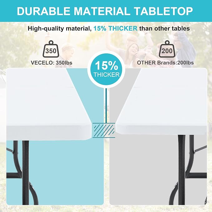 VECELO 6Ft Folding Picnic Table, Indoor Outdoor Plastic Portable Foldable Desk with Handle, Mesh Trash Bag&Lock Legs Heavy Duty for Camping, Dining, Party, White