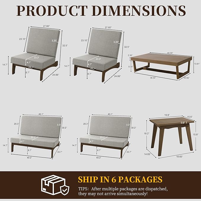 UIXE 6 Pieces Wood Patio Furniture Sets, 2 Patio Loveseat, 2 Patio Bistro Chair, All Weather Outdoor Sectional Sofa Furniture Backyard Conversation Set with Coffee Table - Light Camel