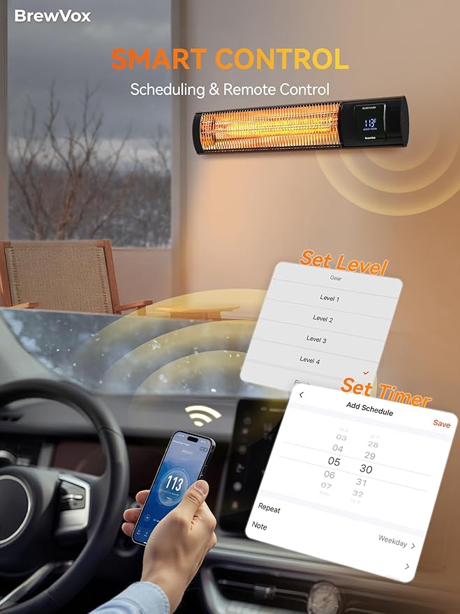 1500W Carbon Infrared Electric Outdoor Patio Heater with Thermostat, Horizontal & Vertical, Smart App-Controlled Scheduling & Remote On/Off, IP65 Weatherproof, Overheat Protection, 24H Timer