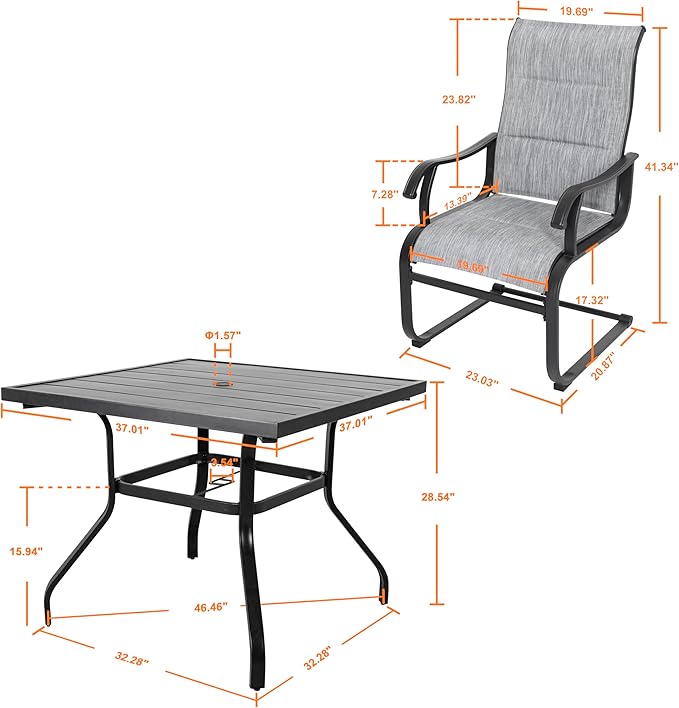 NUU GARDEN 5 Piece Patio Dining Set, Outdoor Metal Dining Table and Chairs with Umbrella Hole, All Weather Padded Textilene Chairs, Square Patio Table Set for Backyard, Deck, Garden, Light Grey