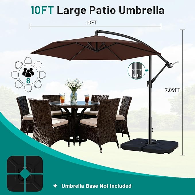 AreShark 10FT Patio Outdoor Umbrella, Offset Patio Umbrella Cantilever Umbrella, 6 Sturdy Ribs, Easy Adjustment for Garden Market Pool with Cross Base (Brown)