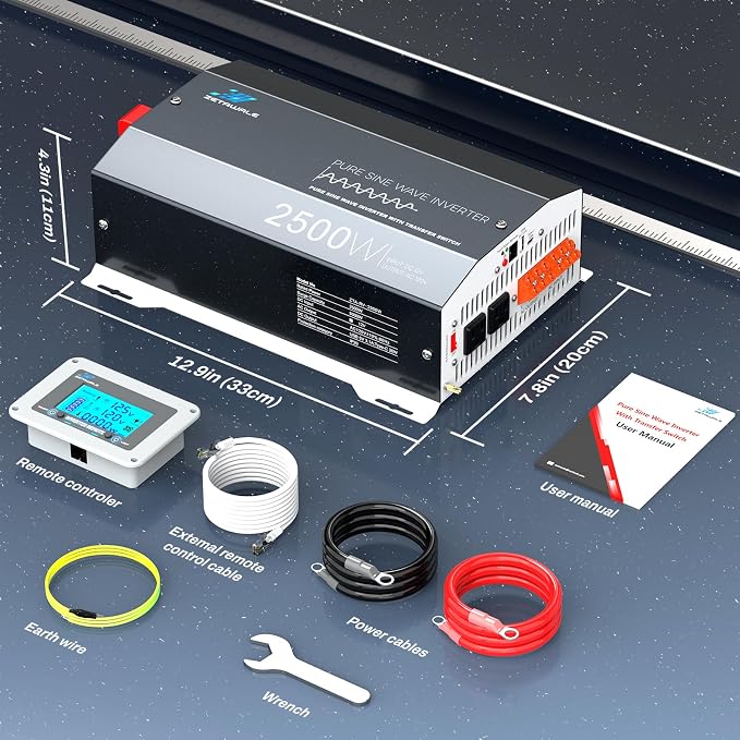 2500W Pure Sine Wave RV Inverter with Built-in ATS, 12V DC to 110V/120V AC Converter, 5000W Peak, Shore Power Automatic Bypass, 2 AC Outlets, USB & Type-C, LCD Remote Control