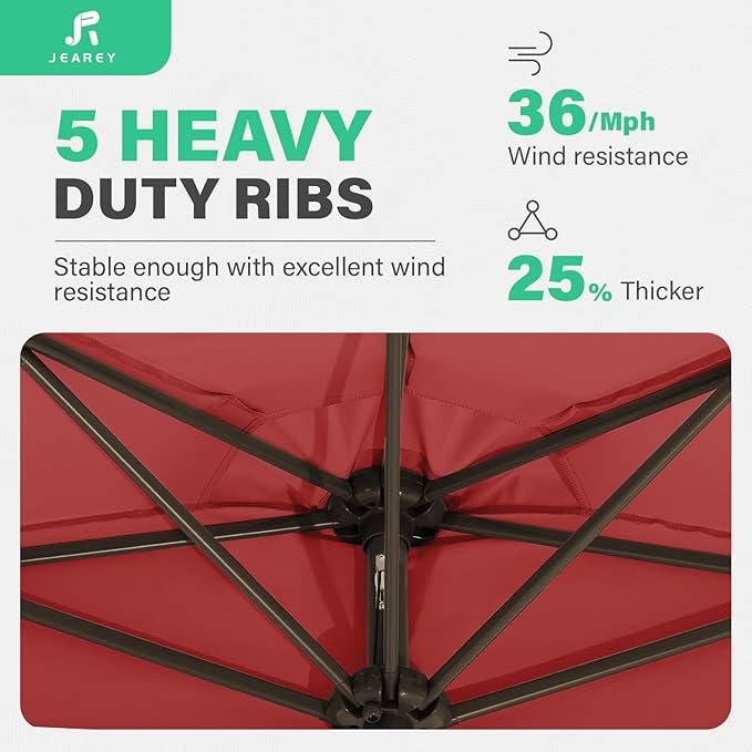 JEAREY 9ft Half Umbrella Outdoor Patio Umbrella Market Umbrellas with Crank, 1/2 Round Wall Umbrella 5 Sturdy Ribs UV Protection for Pool Garden Balcony Deck, Red