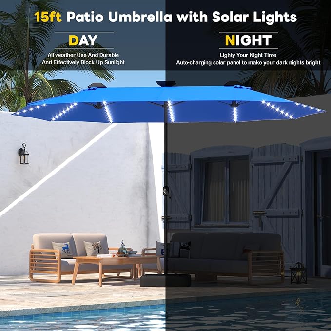 AECOJOY 15ft Double-Sided Patio Umbrella with Solar Lights, Outdoor Rectangle Market Large Patio Umbrella with Base Include|Crank Handle|156 PCS LED Lights for Garden Pool in Dark Blue(1.9" Pole)
