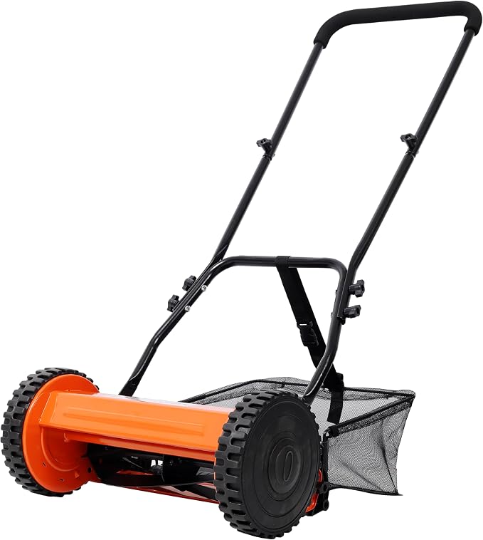 14'' 5-Blade Push Reel Lawn Mower with Grass Catcher, Manual Reel Mower with Adjustable Cutting Height 0.6-1.8'' Eco-Friendly Hand Push Cylinder Mower for Small Yards Orange