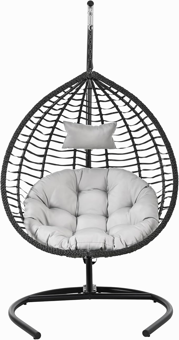 Folding Egg Chair, Outdoor Hanging Hammock Chair with Stand, Patio Wicker Hanging Chair with Iron Frame and Plush Cushion & Removable Headrest for Bedroom, Balcony, Garden (BlackGrey-A)