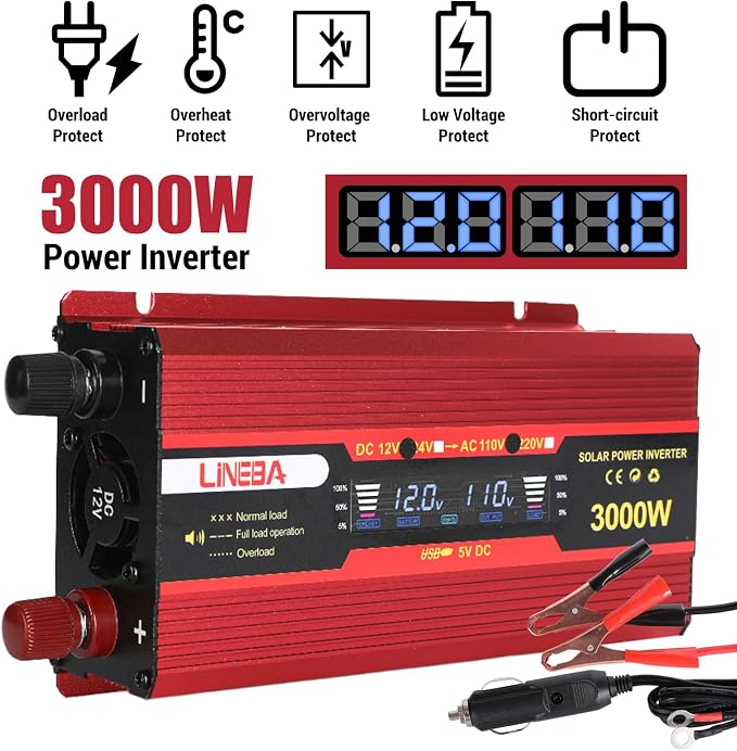 3000 Watt Power Inverter with LED Display,Dual AC Outlets,USB Port, 24V DC to 110V AC Converter Car Power Inverter for Vehicles, Car, RV, Truck, Off Grid Solar System, Outdoor Camping
