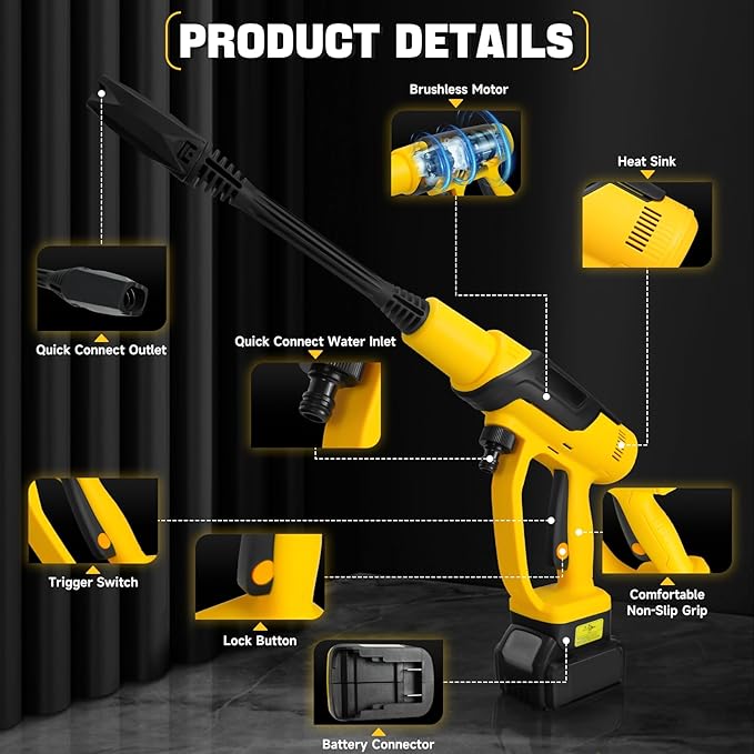 Cordless Pressure Washer Compatible with DeWalt 20V Battery, 380W Brushless Motor High Pressure Washer 653PSI, 0-180°Rotating Nozzle Portable Power Washer for Car, Floor, Garden(Tool Only)