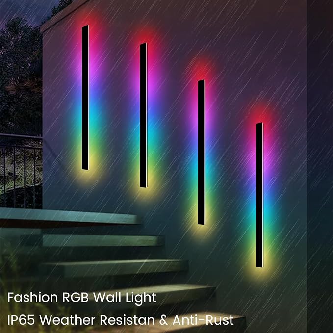 RGB Outdoor Wall Lights, Ip65 Waterproof Linear Led Modern Wall Sconce, 7 Colors and 358 Light Effects, Dimmable with Remote Modern Linear Exterior Light Fixture 47.25 inch (1 Pack)