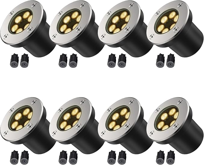 JESLED Low Voltage Landscape Lights, 6W LED Well Lights IP67 Waterproof, 3000K Warm White In-Ground Lights with Wire Connectors for Pathway, Deck, Patio, Yard, Garden (8 Pack)