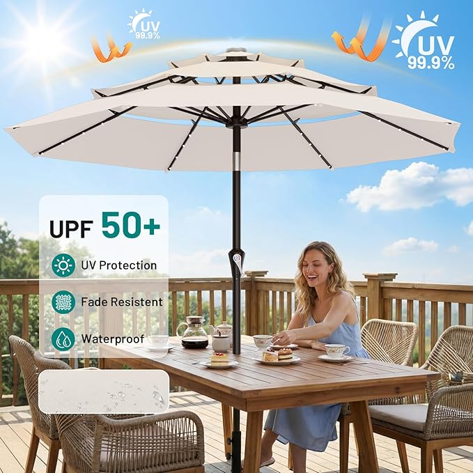 AreShark 9ft 3 Tiers Patio Umbrella with Solar Lights, Outdoor Umbrella w/ 32 LED Lights&8 Sturdy Ribs, Table Umbrella for Deck, Backyard, Pool (Ivory)
