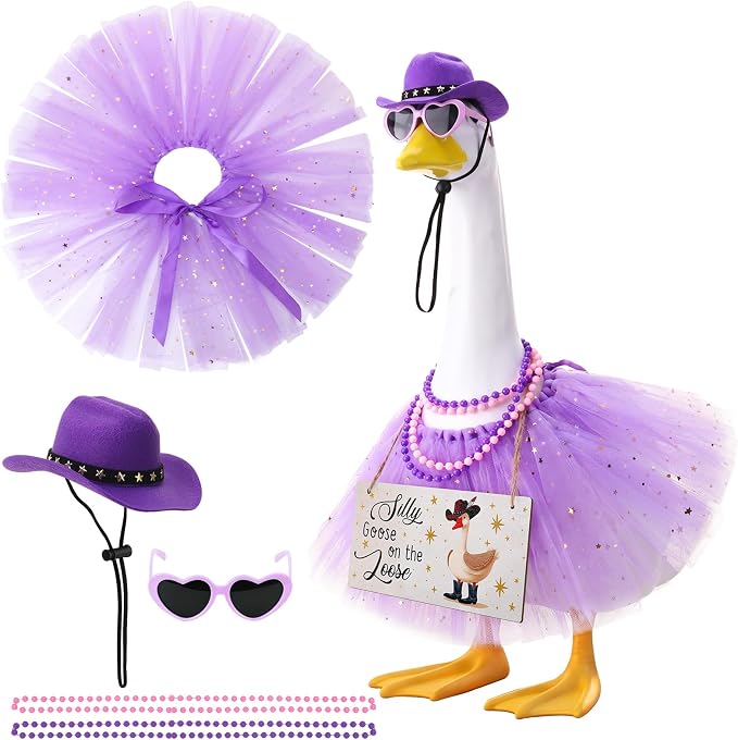 6pcs Purple Princess Porch Goose Outfits for 17-23 Inches | Tutu Skirt Cowboy Hat Glasses Necklaces Wooden Sign for Outdoor Garden Lawn Art Decor