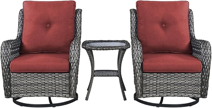 Rilyson Patio Chairs Rocking Swivel Chiar - 3 Piece Outdoor Wicker Patio Bistro Set Rattan Rocker Glider Chairs with High Back and Deep Seating for Outside Porch Deck Garden(Mixed Grey/Red)