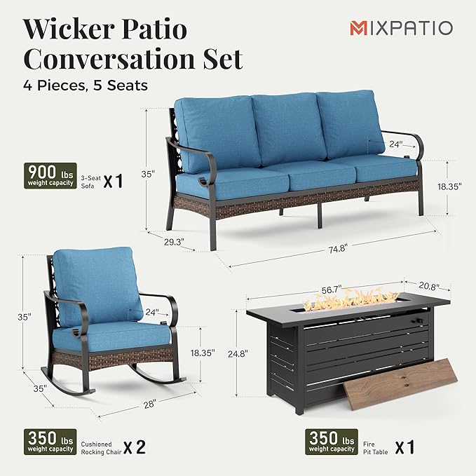 Patio Furniture Set with Firepit Table, Black Frame Outdoor Conversation Set with 2 x Rocking Chairs, 1 x 3-Seat Sofa for Lawn Garden Backyard, Navy Blue