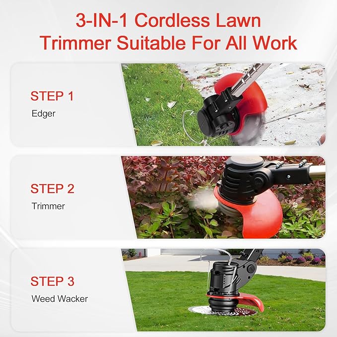 Weed Wacker Battery Powered, 21V 2Ah Battery Powered Cord Trimmer with 2 Batteries and 3 Blades,Weed WackerSuitable for patios and Gardens (Black)