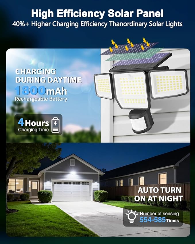 6000LM Solar Lights Outdoor, 4 Heads Motion Sensor Outdoor Lights, Solar Flood Lights for Yard House Outside Garage, IP65 Waterproof, 3 Modes, Easy Install, 2 Pack