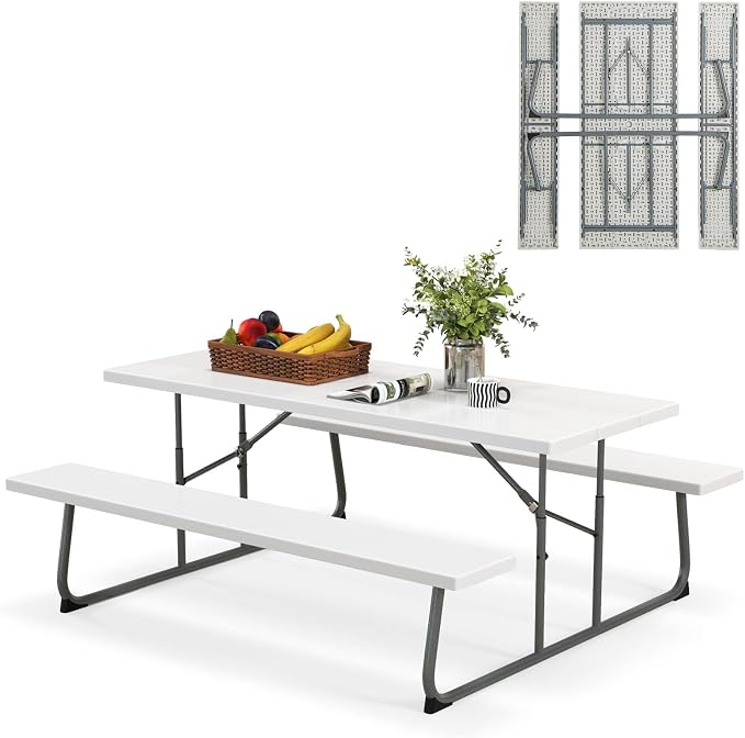 Tangkula 6 Ft Folding Picnic Table, Outdoor 8 Person Large Picnic Table Set with 2 Built-in Benches, Umbrella Hole, Metal Frame & HDPE Tabletop for Garden, Backyard (White)