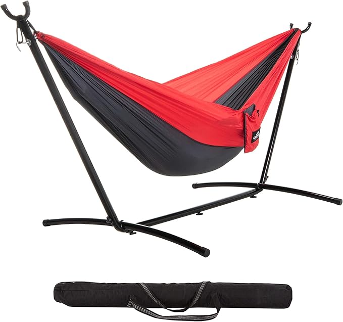 Castaway Living Travel Camping Hammock with Space Saving Stand & Storage Bag with an 400 LB Weight Capacity - Red/Charcoal