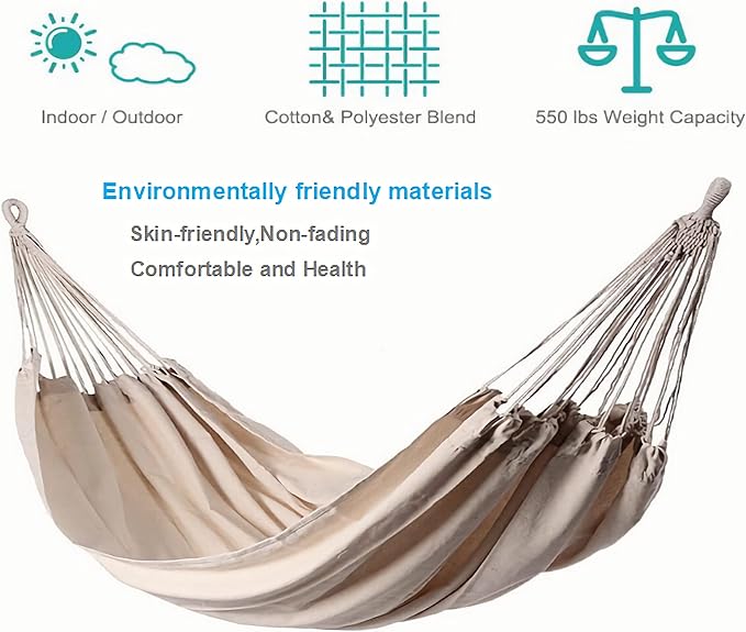 White Hammock Swing Bed,Single Person Cotton Fabric Canvas Travel Hammocks 500lbs Ultralight Camping Hammock Portable Beach Swing Bed with Carrying Bag for Outdoors and Indoors