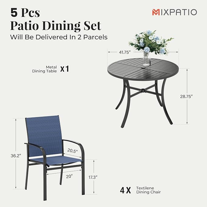 MIXPATIO Patio Table and Chairs Set for 4, 5 Pieces Outdoor Dining Set, 4 Blue Textilene Chairs and 42" Metal Round Table with Umbrella Hole, for Deck Garden Backyard Lawn Poolside
